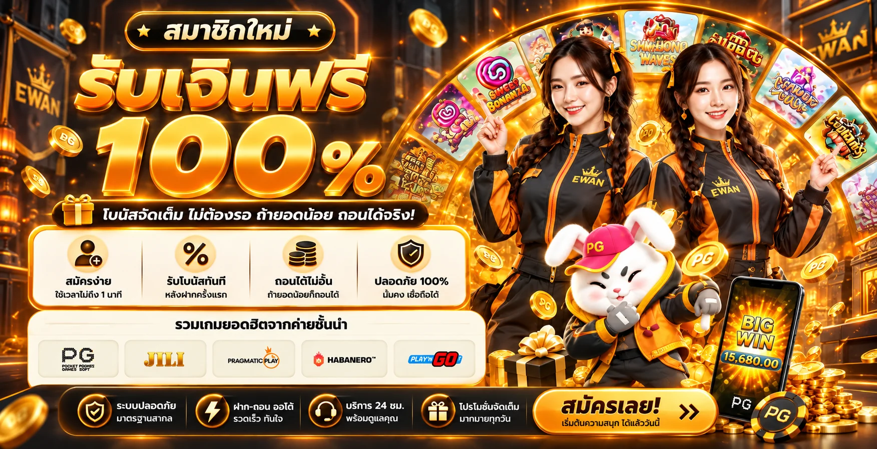 แบนเนอร์ Ewan สล็อตออนไลน์ สมาชิกใหม่และค่ายเกม